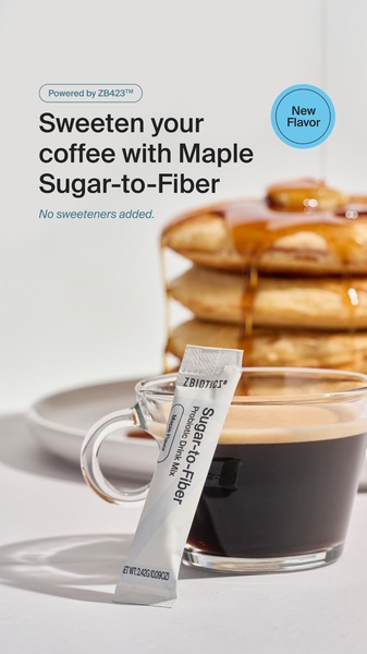 A high-contrast, clean-layout vertical ad showcasing a probiotic drink mix stick pack next to a coffee cup and a stack of maple-syrup-topped pancakes.